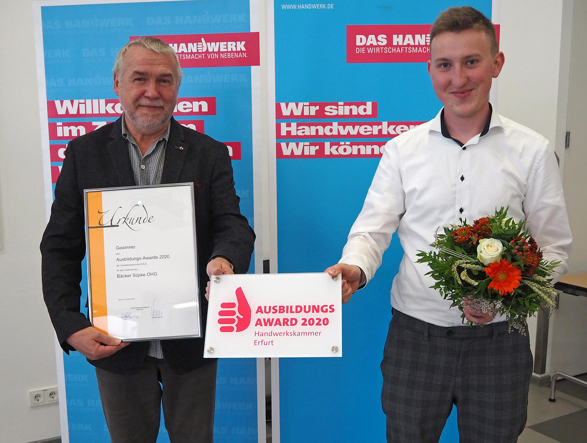 Vorbildliche Leistung gewürdigt: Gleich fünf Handwerksbetriebe haben den Ausbildungs-Award 2020 der Handwerkskammer Erfurt erhalten. Unter Ihnen ist auch die Bäckerei Süpke aus Orlishausen.